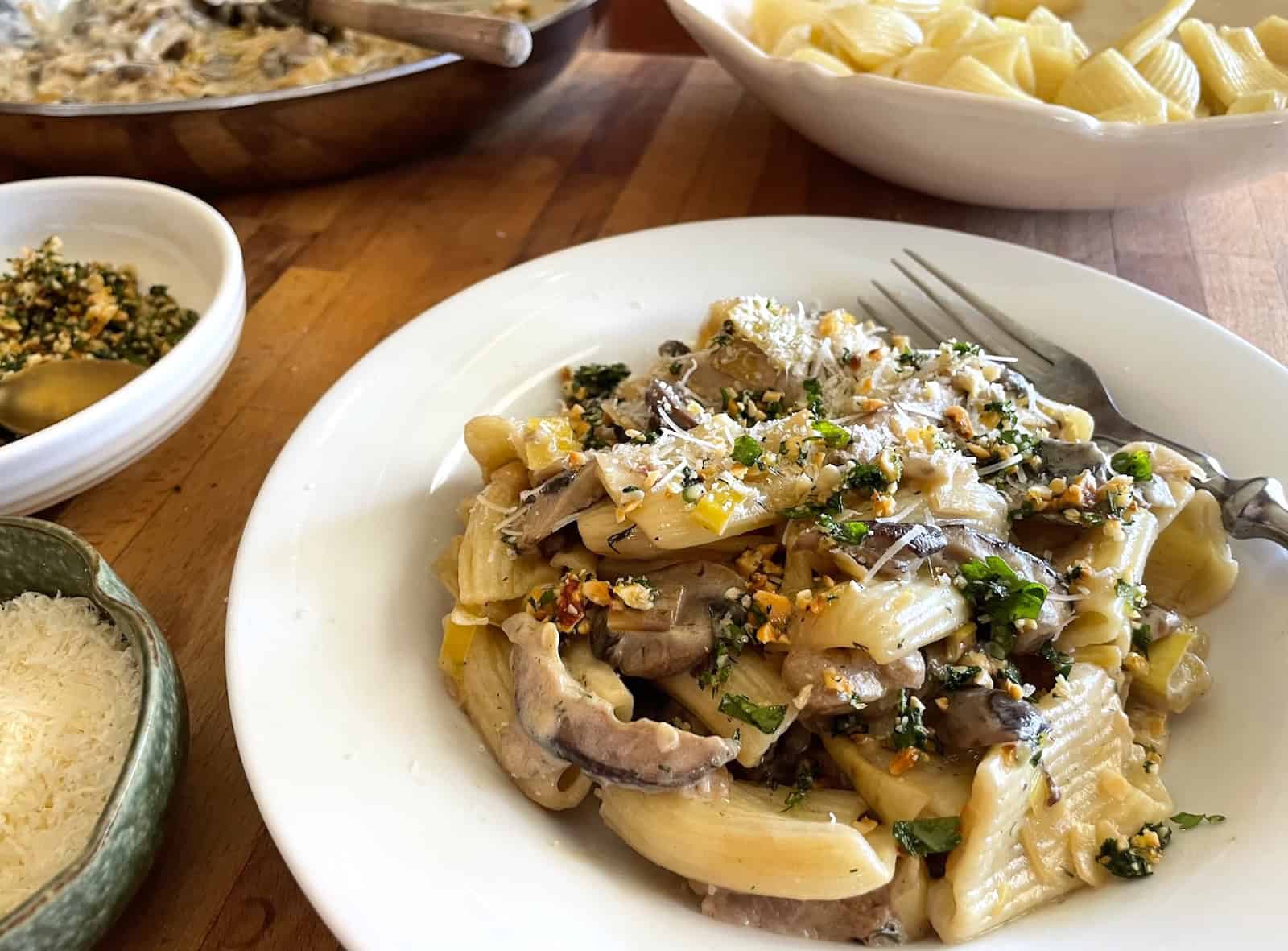 Mushroom, Leek and Herbed Cheese Pasta with Hazelnut Gremolata