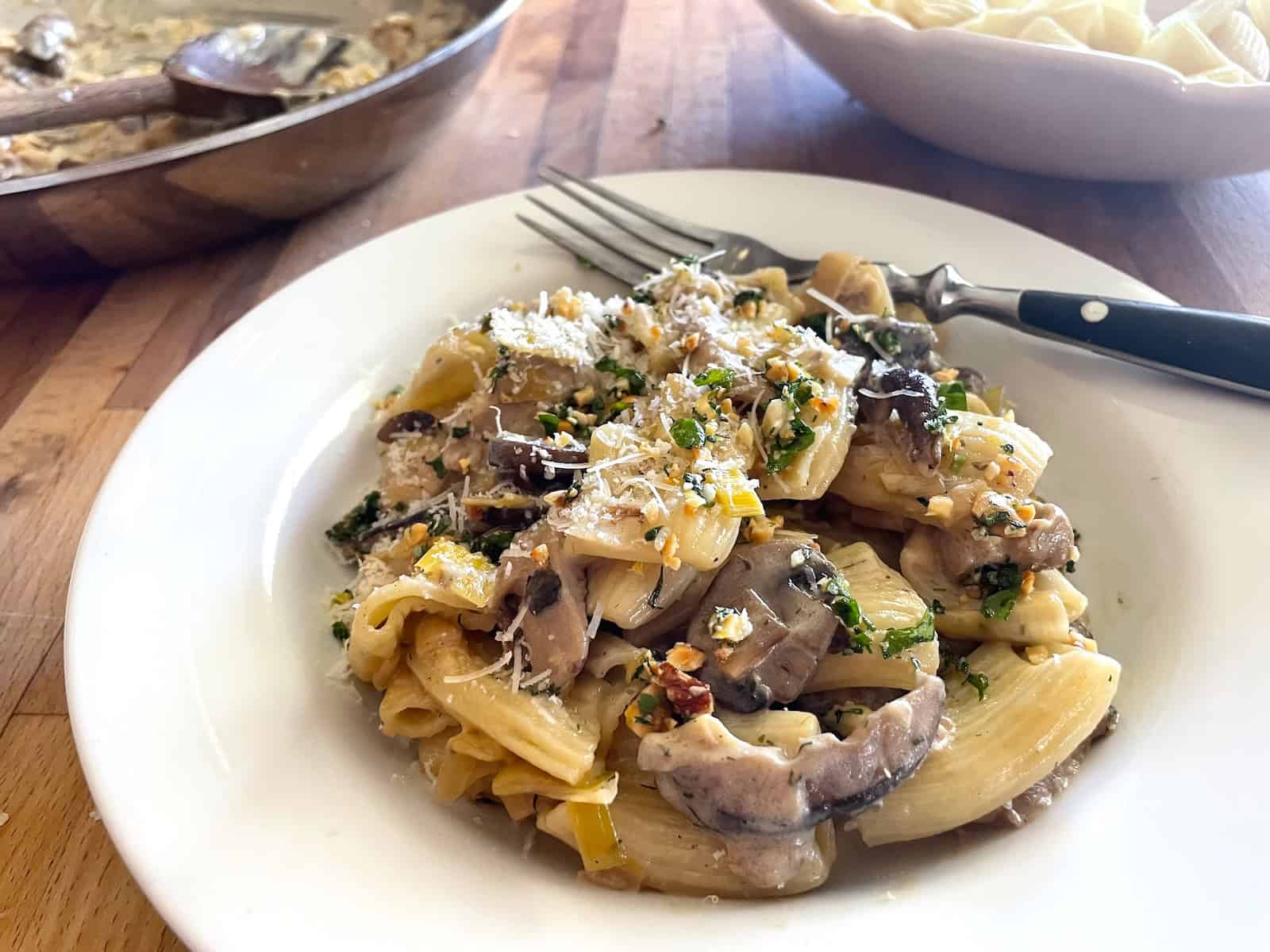 Mushroom, Leek and Herbed Cheese Pasta with Hazelnut Gremolata