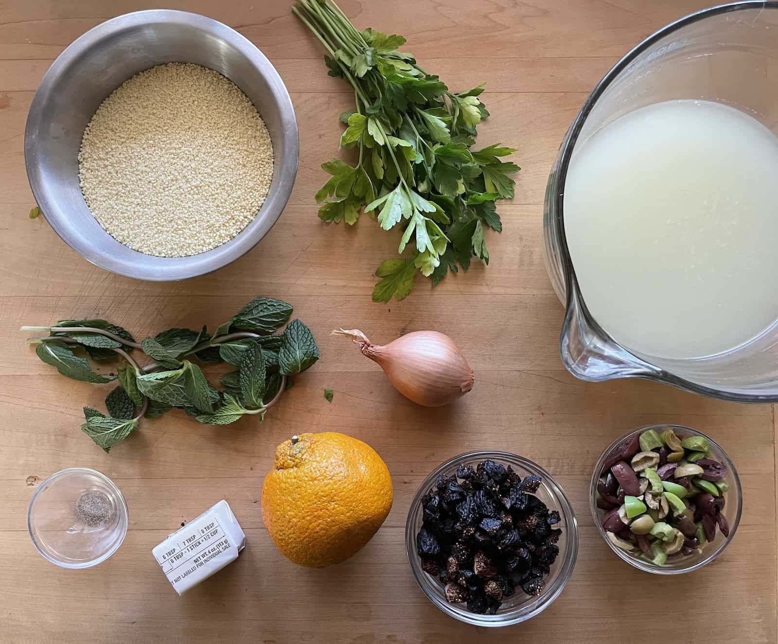 Fig and Olive Couscous with Pistachios, Orange and Mint Ingredients