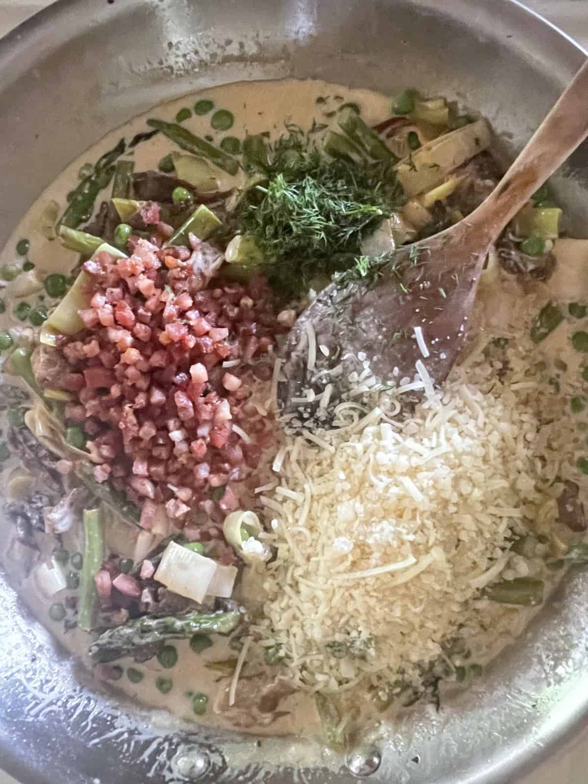 add pancetta, parmesan and dill