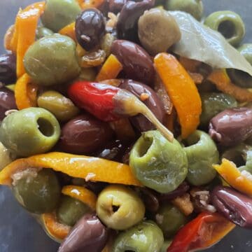 Orange and Chili Marinated Olives and Currants