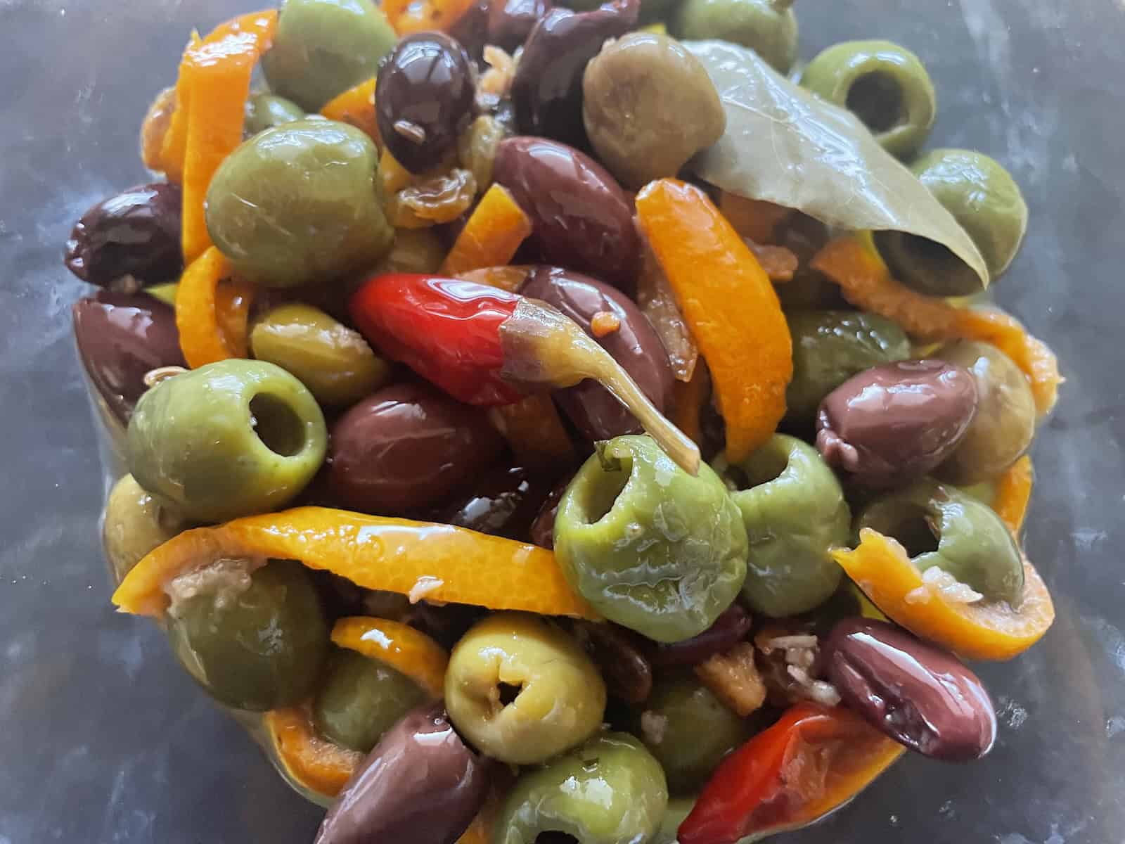 Orange and Chili Marinated Olives and Currants