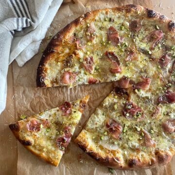 Pear Pizza with Burrata, Speck and Pistachios
