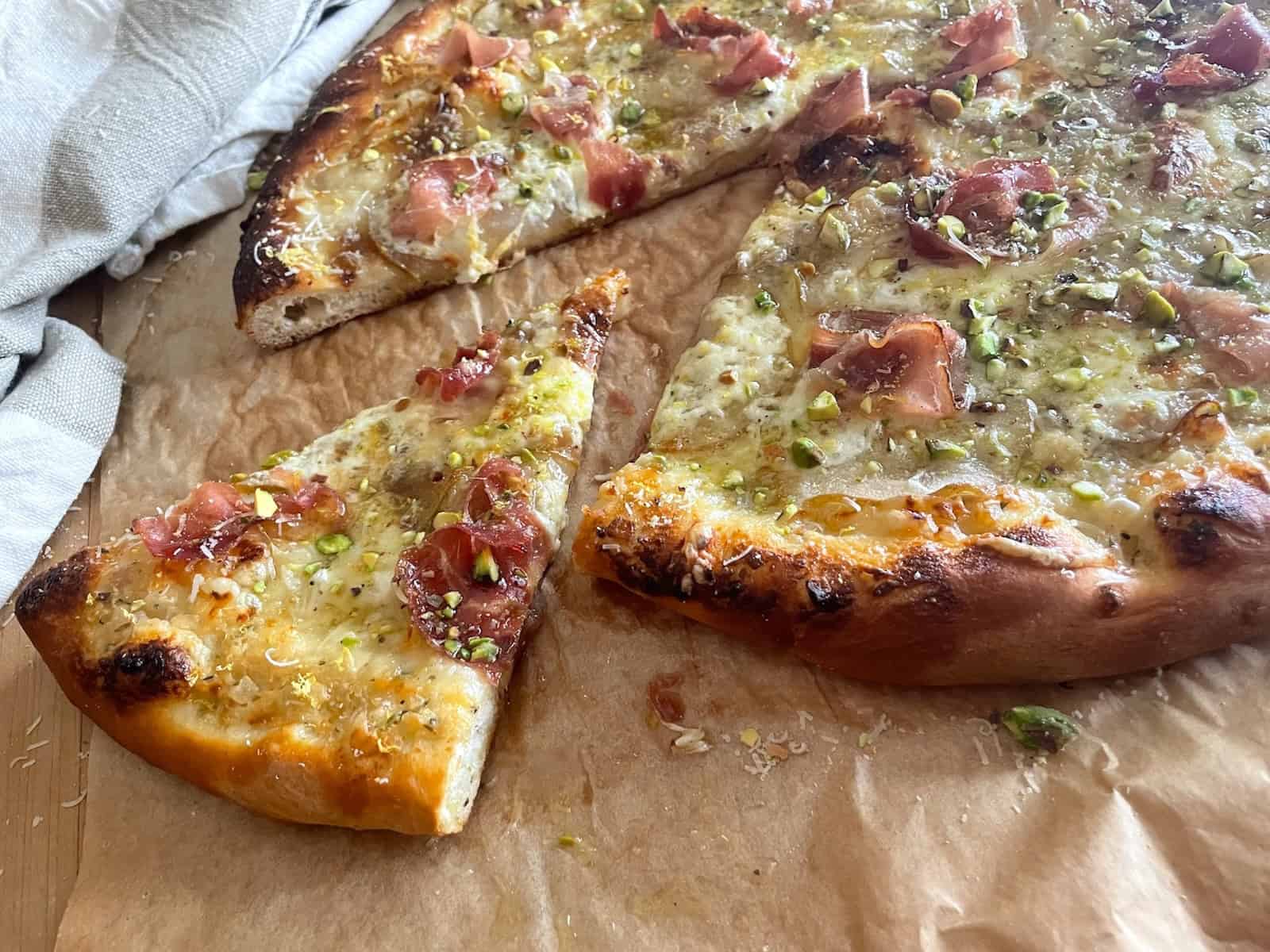 Pear Pizza with Burrata, Speck and Pistachios