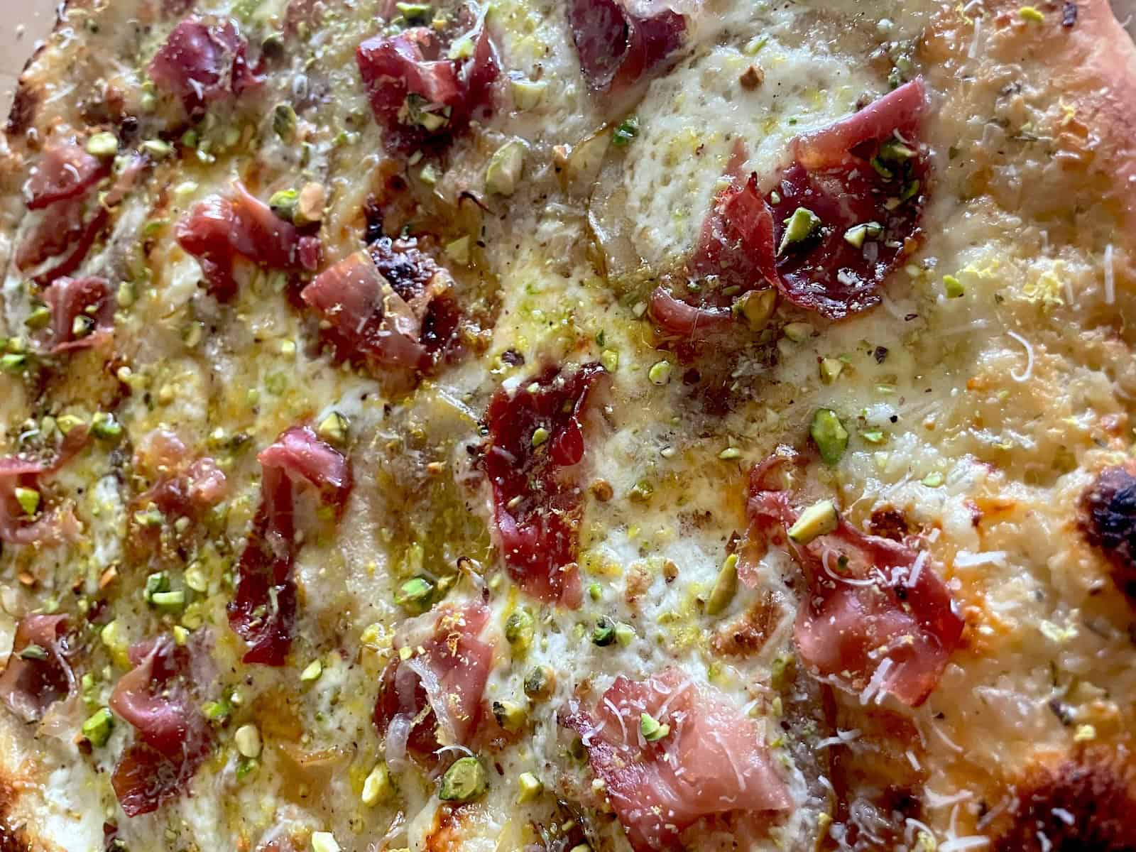 Pear Pizza with Burrata, Speck and Pistachios