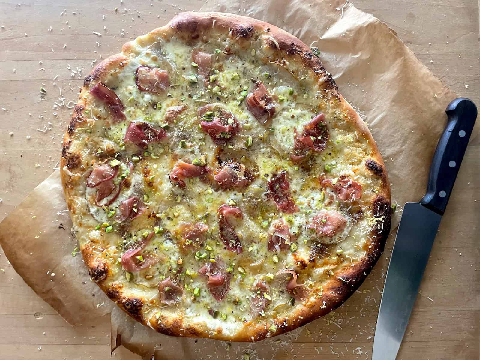 Pear Pizza with Burrata, Speck and Pistachios