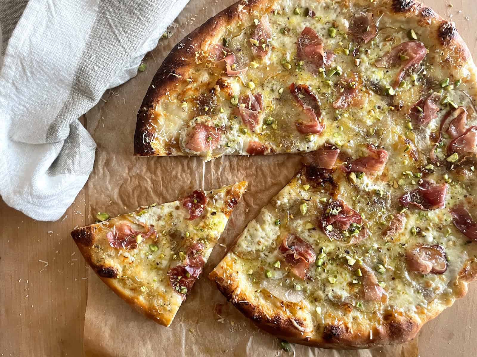 Pear Pizza with Burrata, Speck and Pistachios