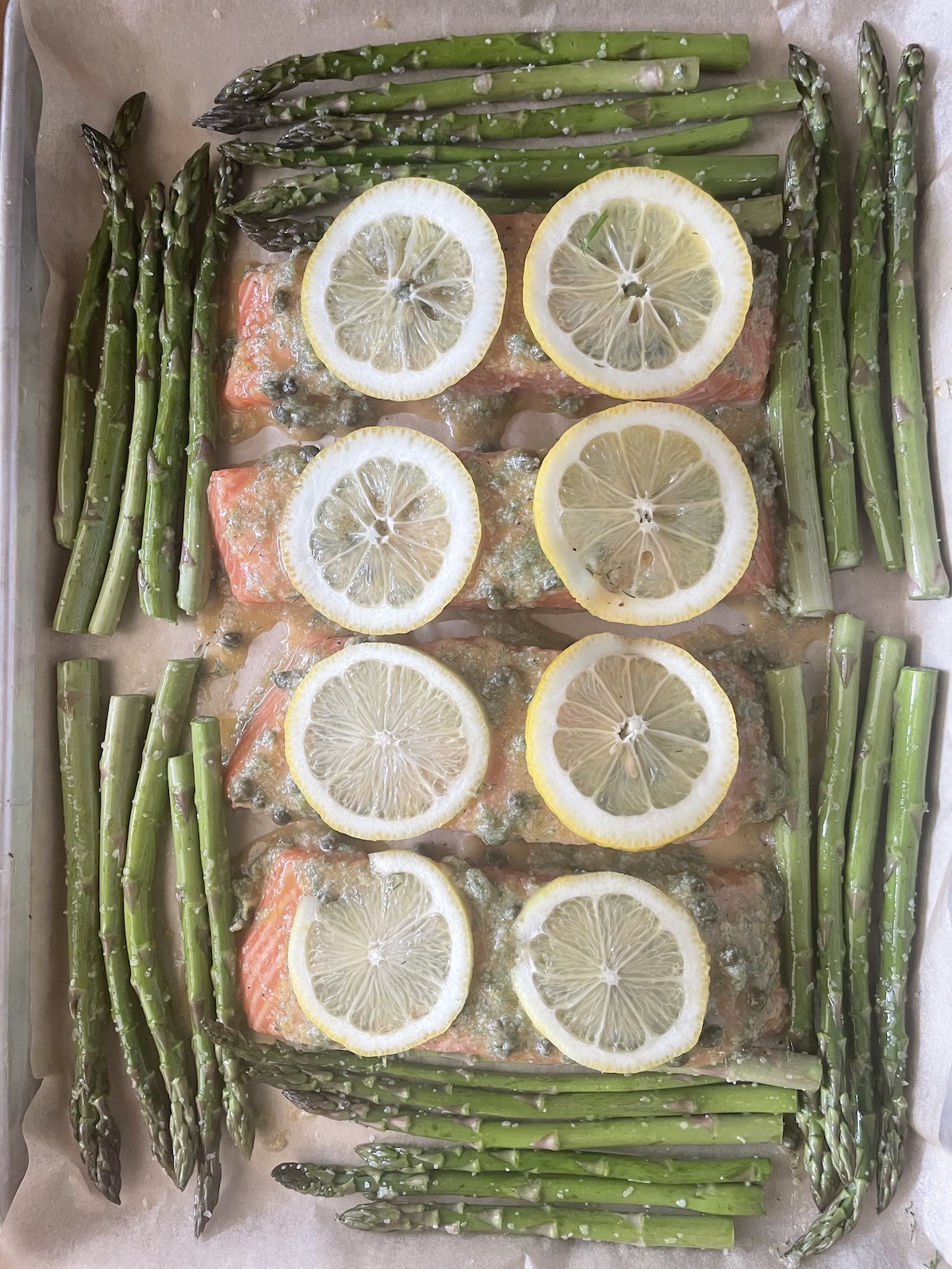 arrange asparagus around salmon