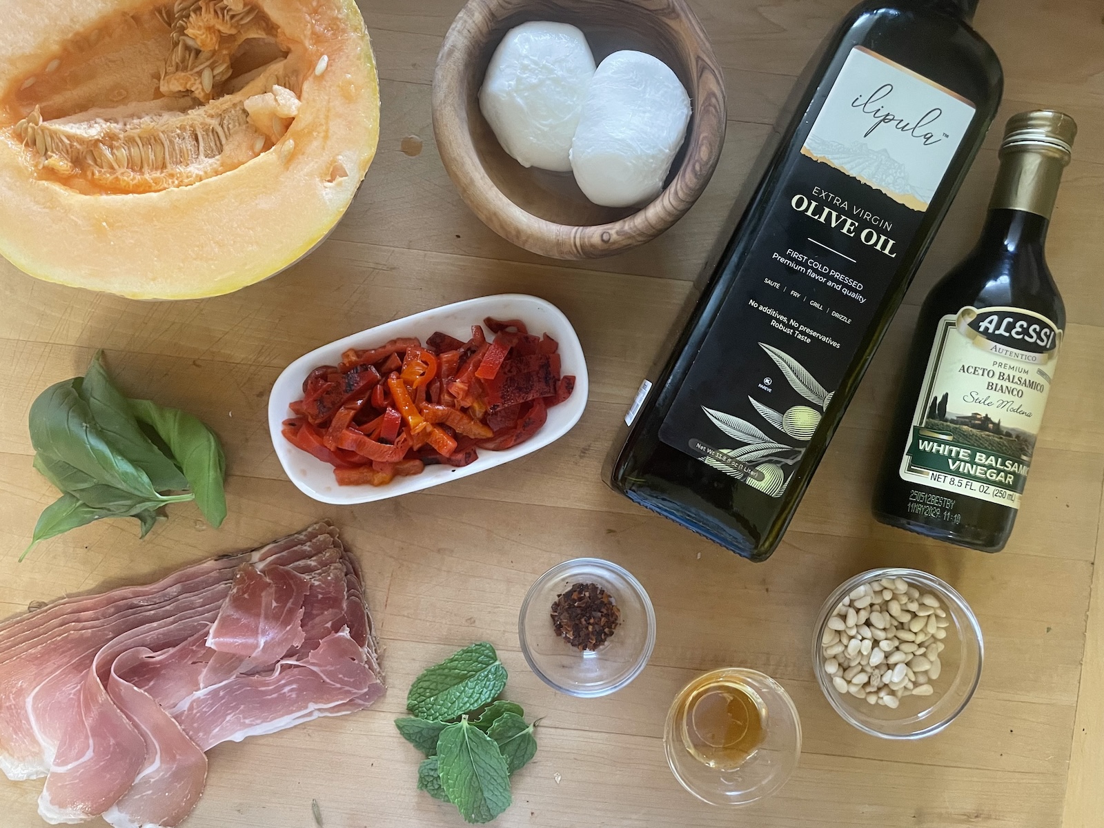 Pressed Cantaloupe, Burrata and Prosciutto Salad ingredients