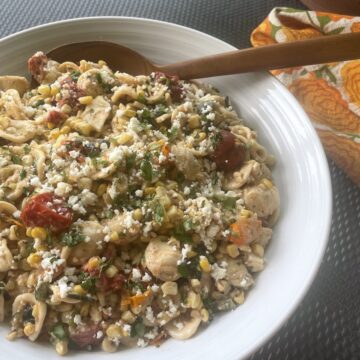 Grilled Corn, Tomato & Poblano Pasta Salad with Elote Dressing