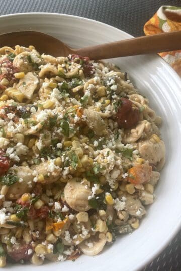 Grilled Corn, Tomato & Poblano Pasta Salad with Elote Dressing