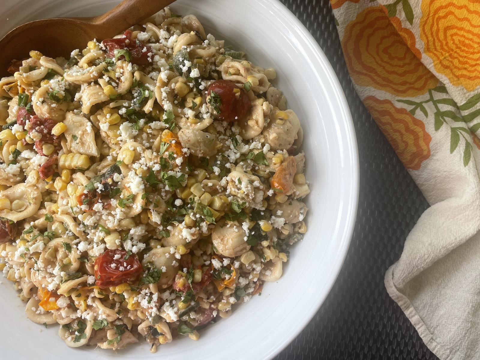 Grilled Corn, Tomato & Poblano Pasta Salad with Elote Dressing