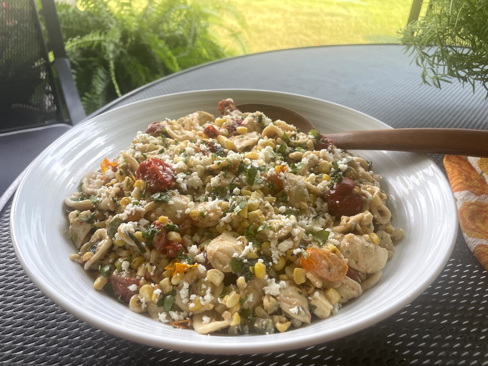 Grilled Corn, Tomato & Poblano Pasta Salad with Elote Dressing