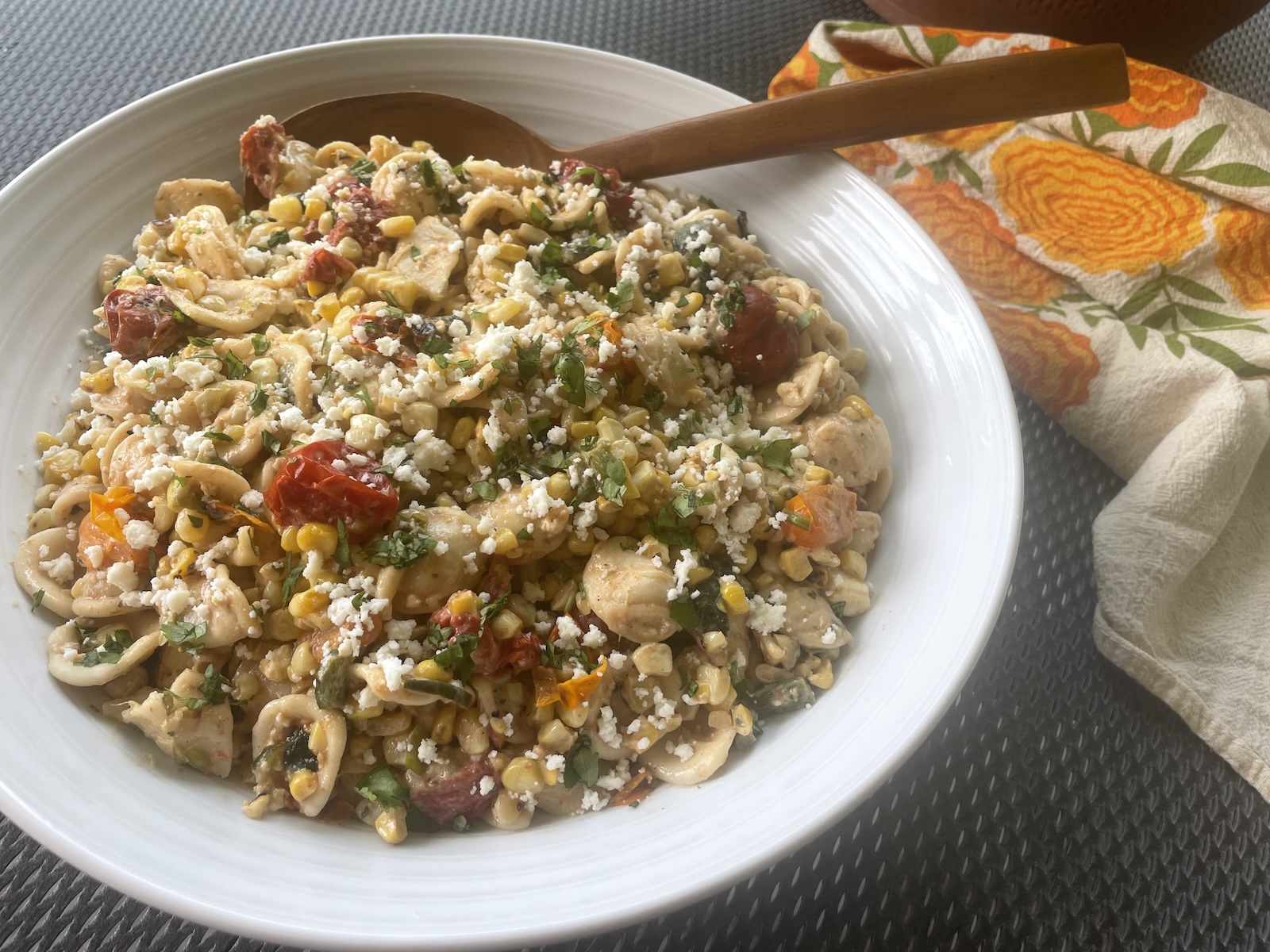 Grilled Corn, Tomato & Poblano Pasta Salad with Elote Dressing