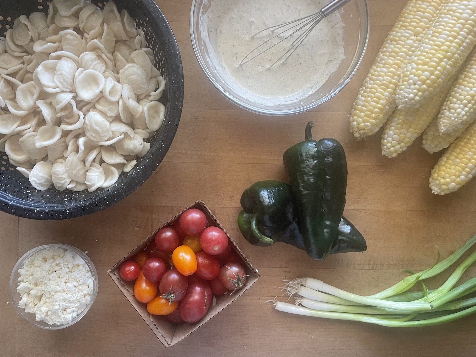 Grilled Corn, Tomato & Poblano Pasta Salad with Elote Dressing salad ingredients